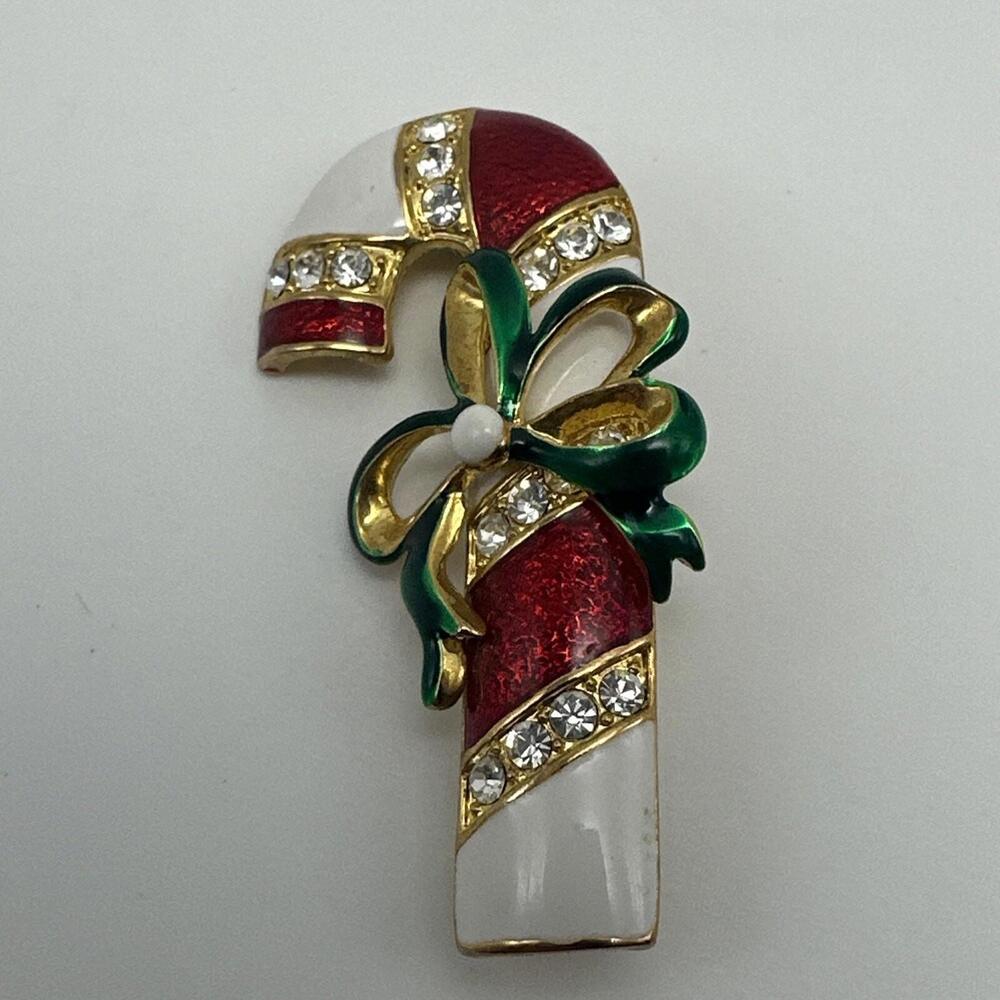 VTG Gold Tone Christmas Brooch Pin Enamel Candy Cane Rhinestones Green Red Xmas